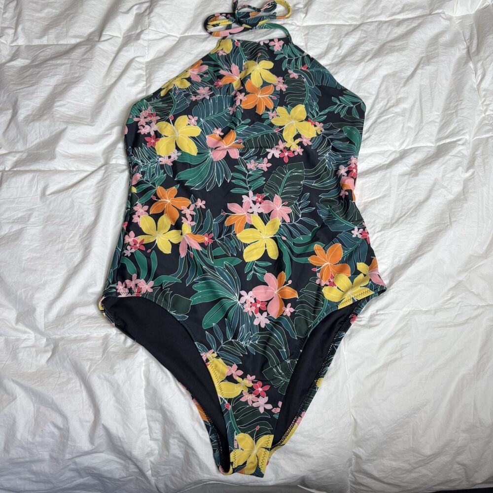 Old Navy One Piece Swimsuit Women's Large Hibiscus Dark Floral Halter Tie Neck L